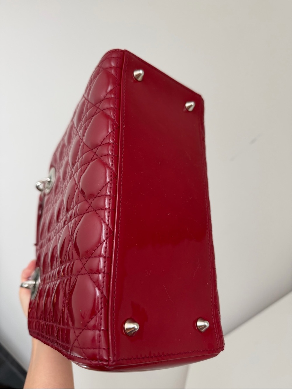 Lady Dior Red Patent Top-Handle Satchel with Silver Charm - Picture 4 of 8
